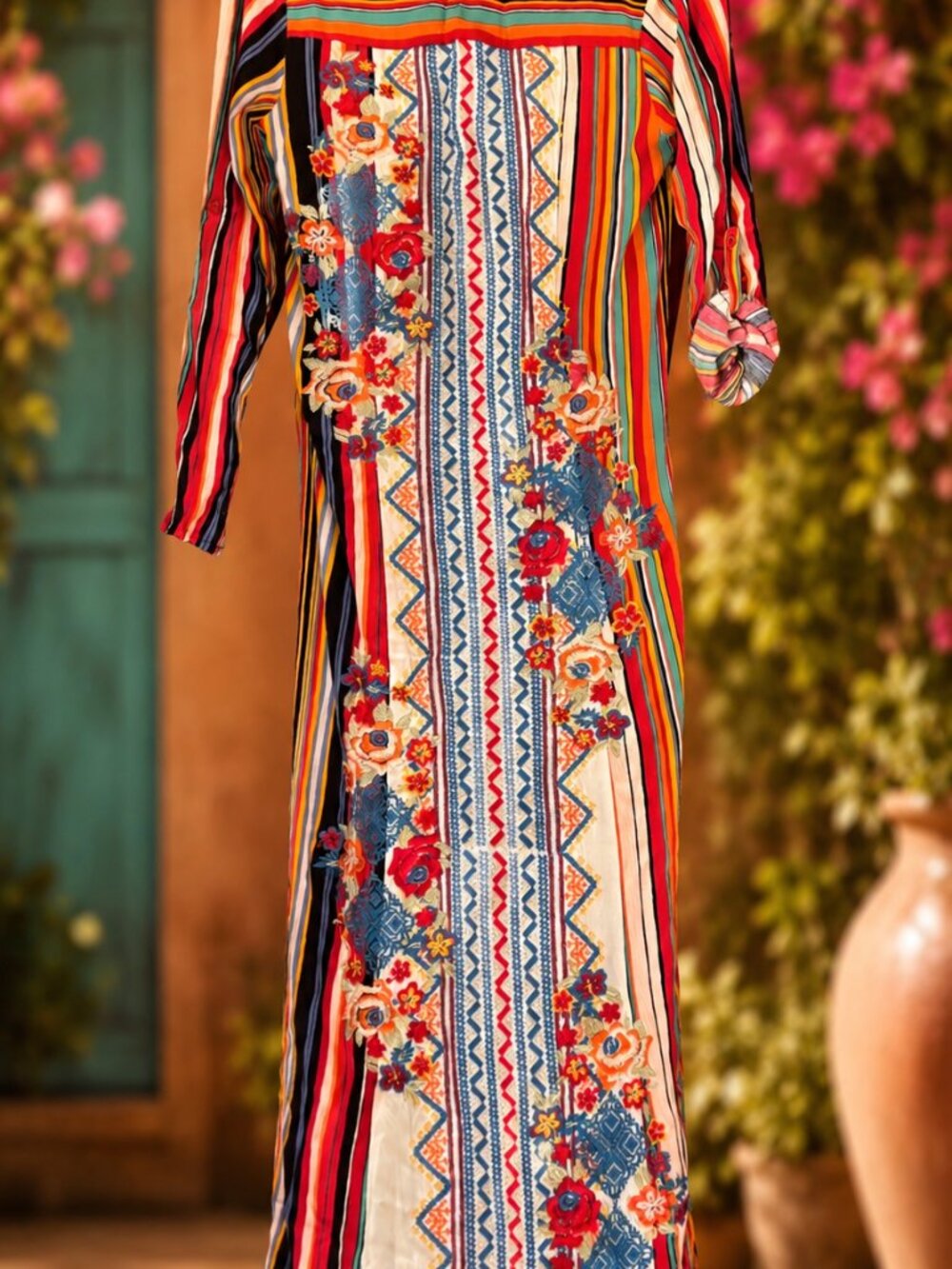Colorful Striped Maxi | Long Sleeve Boho Tunic Dress | Multicolor - Picture 2 of 7